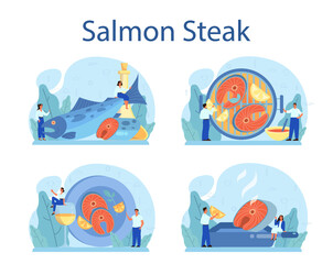 Salmon steak set. Chef cooking grilled fish steak on the plate with