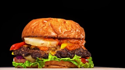 Craft burger is cooking on black background in black food gloves. Consist: red sauce salsa, lettuce, red onion, pickle, cheese, chilli green pepper, air bun and marbled meat beef. Not made ideal