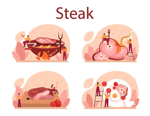 Steak set. People cooking tasty grilled meat on the plate. Delicious