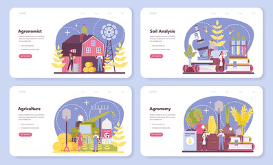 Fototapeta premium Argonomist web banner or landing page set. Scientist making