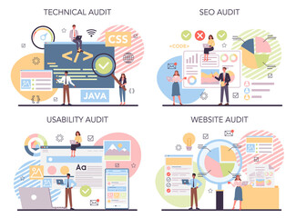 Fototapeta premium Website audit concept set. Web page analysis of website's visibility