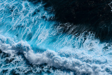 Aerial view to waves in ocean Splashing Waves. Blue clean wavy sea water - 389804868