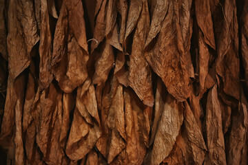 background texture tobacco leaves dry, yellow leaves for smoking, production of cigars, tobacco factory - obrazy, fototapety, plakaty