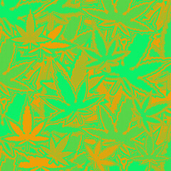 An abstract green and orange halftone cannabis leaf pattern background image.