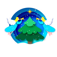 Merry Christmas Greetings Card with white Angels and Green Christmas tree. Winter holidays. Happy New Year. Star of Bethlehem - east comet. Circle bauble frame in paper cut style.