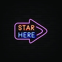 Fototapeta na wymiar star here neon signs vector. Design template neon sign