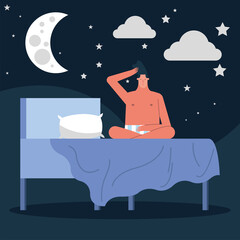 man seated in bed night scene suffering from insomnia character