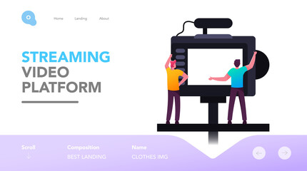 Tv Show Program or Vlog Broadcasting Landing Page Template. Videographer or Blogger Male Characters Recording Video