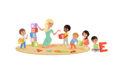 Little Kids Playing with Alphabet Blocks in Kindergarten Vector Illustration