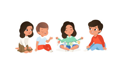 Young Girl Holding Abc Garland and Teaching Kid Alphabet Letters Vector Illustration