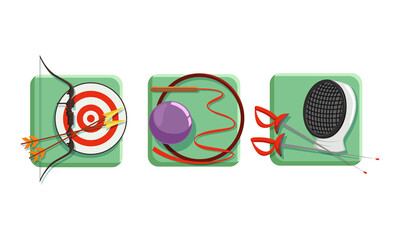 Sport Game Icons with Fencing Mask and Bow with Arrows Vector Set
