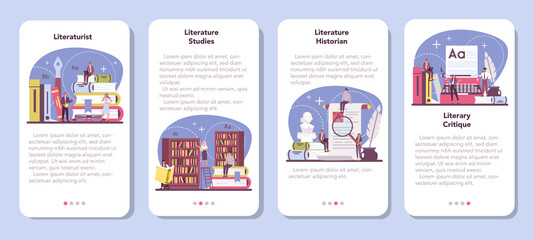 Professional literaturist mobile application banner set. Scientist studying