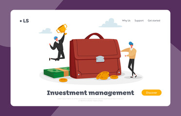 Economic Management Landing Page Template. Tiny Investors Male Characters at Huge Briefcase Celebrate Win with Goblet