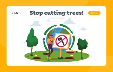 Fototapeta premium Reforestation. Environmental Agriculture to Save Earth Ecology Landing Page Template. Male Character Planting Forest