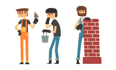 Man Builder Wearing Jumpsuit Doing Mason Work Vector Illustration Set