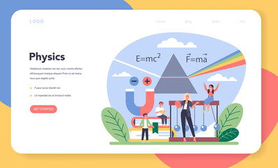 Physics school subject web banner or landing page. Scientist