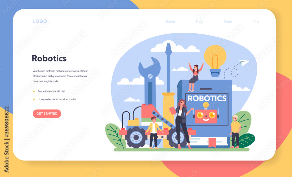Poster robotics school subject web banner or landing page. robot