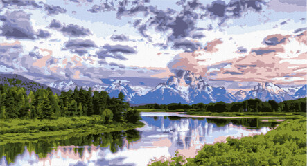 Fototapeta na wymiar Beautiful Painting of the Rocky mountain frontier. 