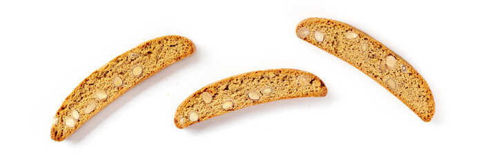 Biscotti. Traditional Italian almond cookies, shot from the top on a white background
