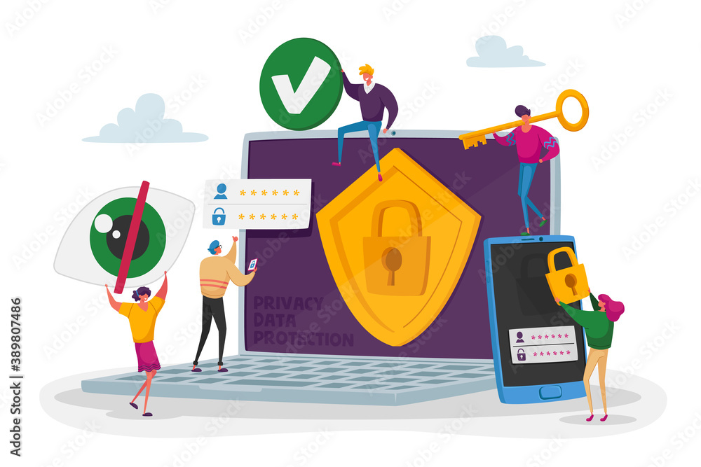 Poster privacy data protection in internet, virtual private network. tiny characters around of huge laptop 