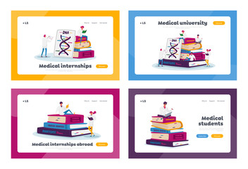 Medicine Interns Landing Page Template Set. Tiny Medical Characters in Robes Study on Huge Books Pile Prepare for Exam