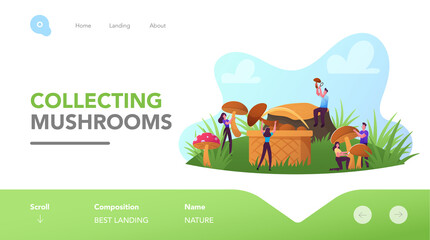 Mushroomers Walk in Forest, Activity, Hobby Landing Page Template. Happy Tiny Characters Spend Time Outdoors in Autumn