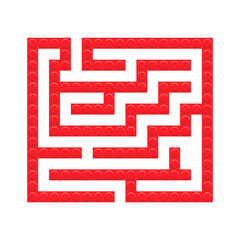 Square maze red bricks toy labyrinth game for kids. Labyrinth logic conundrum. One entrance and one right way to go. Vector bright flat illustration isolated on white background.