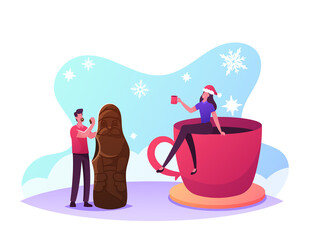 Tiny Male and Female Characters Eating Chocolate Santa and Drink Cocoa. People Enjoying Sweet Desserts, Christmas Treat