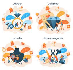 Jeweler and jewelry concept set. Idea of creative people and profession
