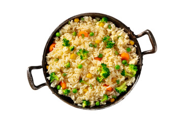Vegetable rice, top shot, isolated on a white background with a clipping path. Basmati cooked with broccoli, green peas and carrots