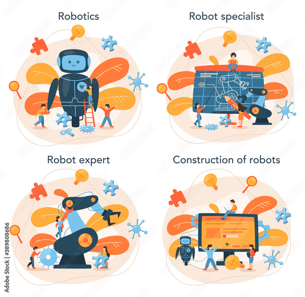 Poster roboticist concept set. robotic engineering and constructing.