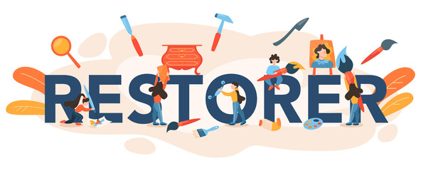 Restorer typographic header. Artist restores an ancient statue, old painting