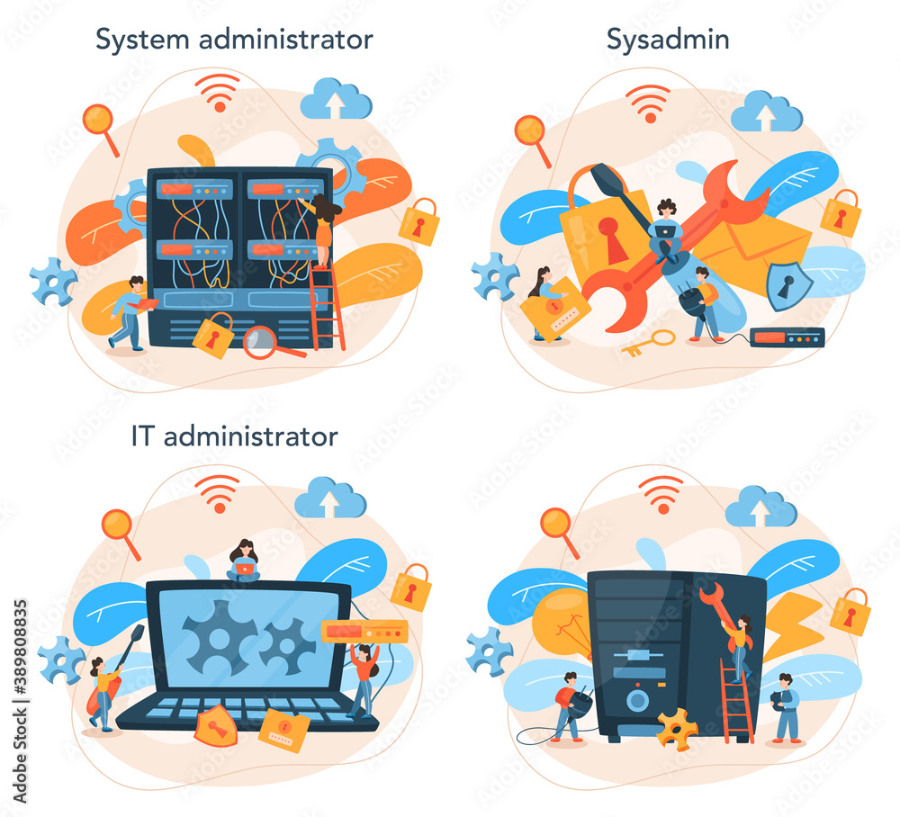 Poster system administrator set. people working on computer and doing