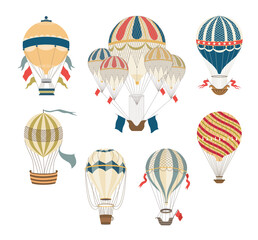 Fototapeta premium Vintage hot air balloon set with royal flags and colorful stripes