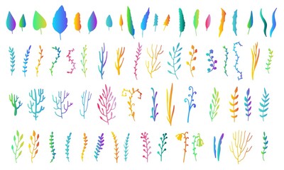 Trendy color hand drawn botanical art. Floral graphic elements collection. Leaves and branches