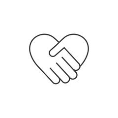Handshake black line silhouette icon in heart shape vector illustration isolated on white background