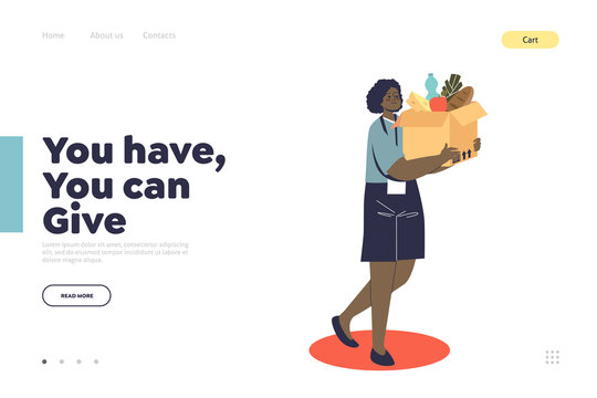 Charity and support landing page with girl volunteer holding box of food donation