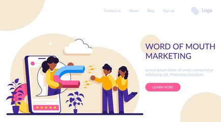 Word of mouth marketing concept. Customer oriented marketing strategy. Relationship marketing, referral program, recommendation, brand loyalty, social media. Modern flat illustration.