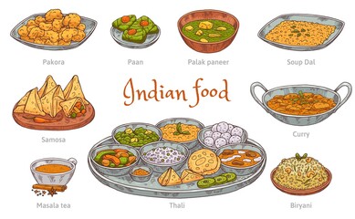 Set of indian food colorful icons in hand drawn engraved style vector illustration isolated on white background. Indian cuisine traditional dishes and drinks.