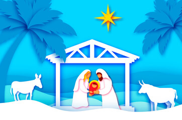 Baby Jesus Christ. Holy Child and Family. Mary and Joseph. Birth of Christ.Star of Bethlehem - East comet. Nativity Christmas in paper art style. Happy New Year. Animals. Palms and dessert. Blue.