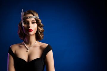 Retro Beautiful Flapper Woman, Vintage Wave Hairstyle, Makeup, Red Lips, Glamour Model Old...