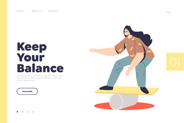 Keep your balance landing page concept with girl doing exercises balancing on board