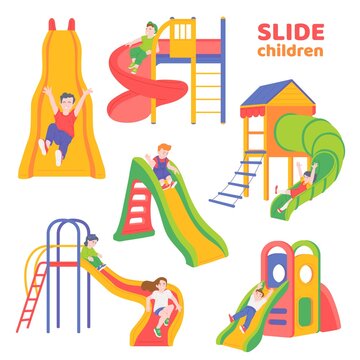 Set of children sliding down the slides flat vector illustration isolated.