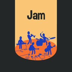 Music jam poster, Rock band, people on stage, cartoon doodle style, vector illustration. Design for web and mobile app.