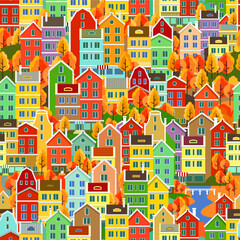 Fototapeta premium Cityscape seamless pattern with buildings. Building, residential. Seamless pattern with decorative colorful houses. City endless background.