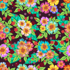 Seamless pattern flowers and leaves colourful background.