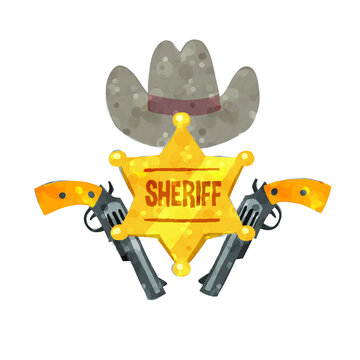 wild west theme accessories: hat, guns and sheriff gold star,  cartoon grunge doodle style vector art illustration.
