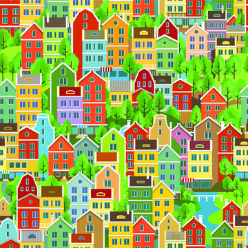 Cityscape seamless pattern with buildings. Building, residential. Seamless pattern with decorative colorful houses. City endless background.