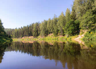 beautiful morning on the river, shore and tree reflections in the water, Gauja river, Latvia