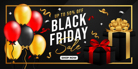 Black Friday Sale vector background design. Black friday sale background vector with balloons and confetti decoration. Black Friday Sale Banner, poster, and flyer for promotion and advertising design